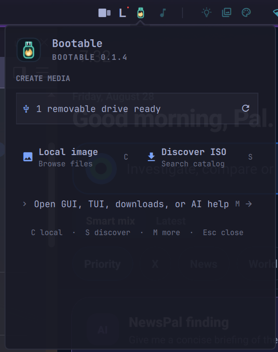 Bootable Omarchy bar plugin offering local image and catalog discovery choices